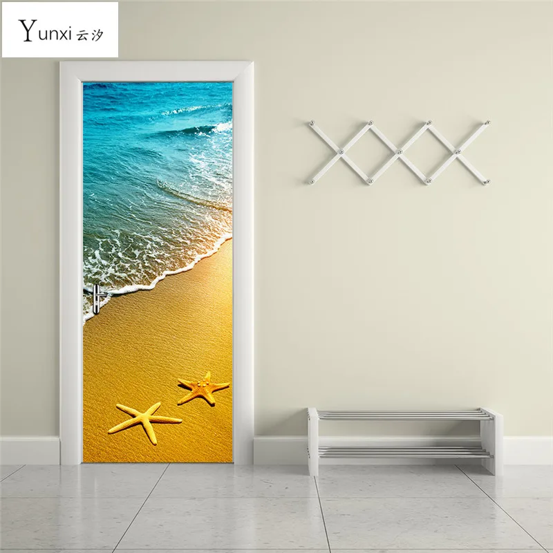 YunXi New 3D Door Stickers Beach Scenery Stickers Bedroom Living Room