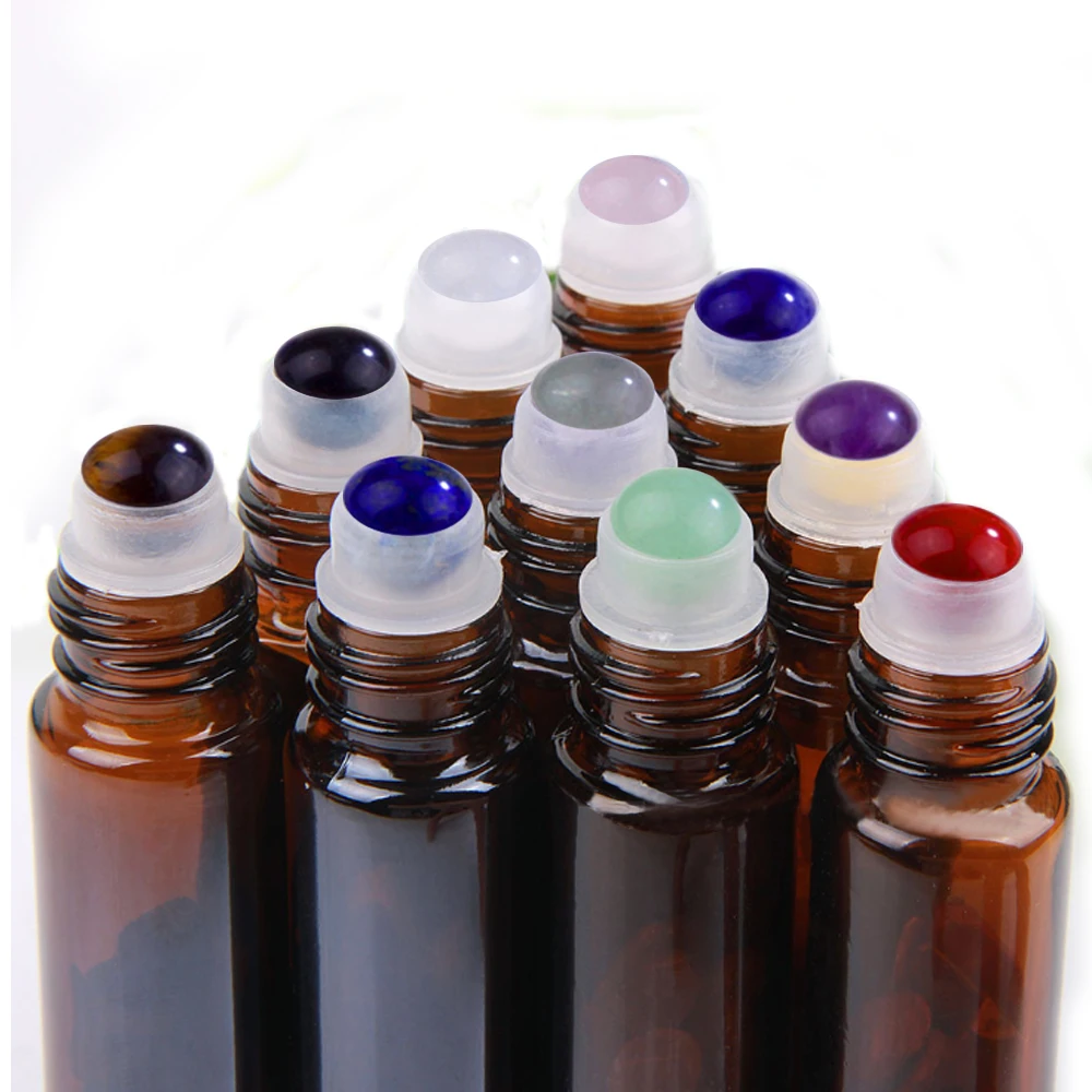 

10Pcs 10ml Portable Amber Glass Roller Rollerball Essential Oil Bottles Transparent Brown Refillable Bottle with Crystal Stones