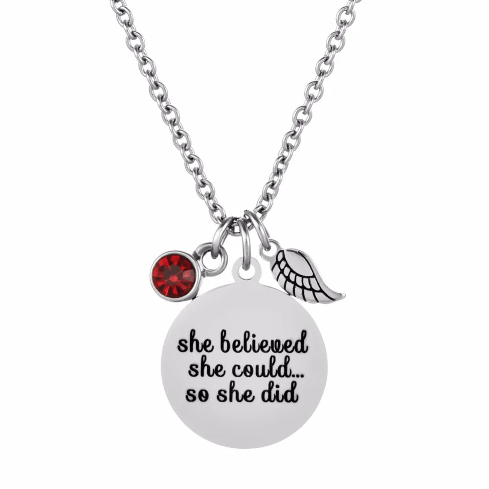 

Graduation Birthday Gift Pendant Necklace Inspiration Laser She Believed She Could Angel Wing with Birthstone Charms