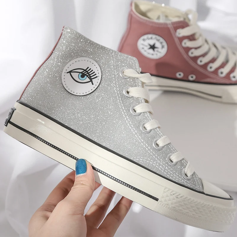 

New Arrival high top women canvas shoes silver color outdoor high quality female lace up breathable casual Sneakers