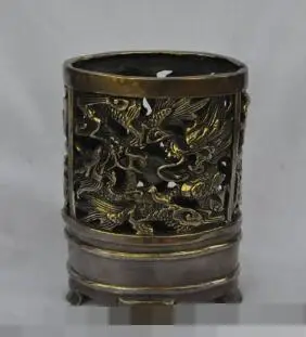 

S1864 6" chinese fengshui bronze dragon play bead statue Pierced Brush Pot pencil vase discount 30% (C0324)