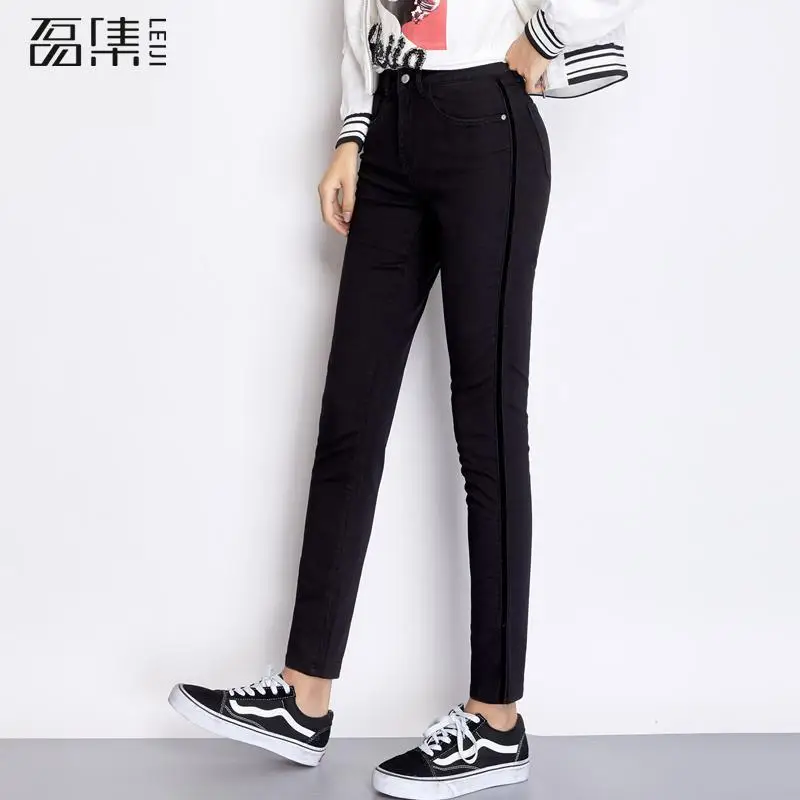 

Jeans For Women Autumn Casual Mid Waist Plus Size Full Length Black Side Stripe Skinny Pencil Pants 6xl