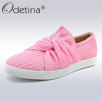 

Odetina New Fashion Women Knitting Loafers Bow Tie Slip On Sneakers Breathable Walking Shoes Casual Platform Flats Big Size 43