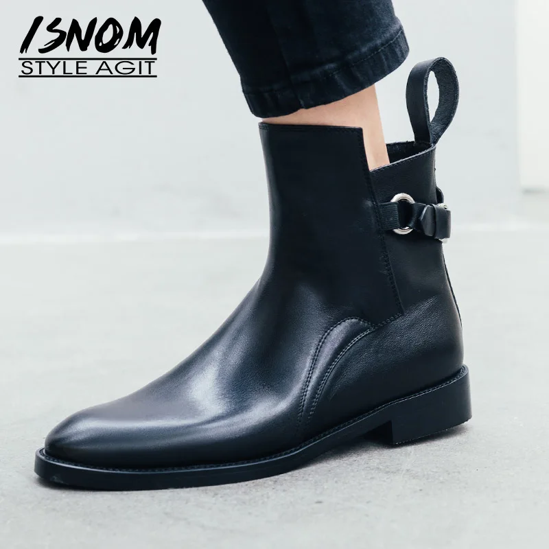 Skup ISNOM niskie obcasy kostki buty damskie krowa skórzane botki kobieta metalu dekoracji buty kobieta motocykl buty damskie jesień 2019