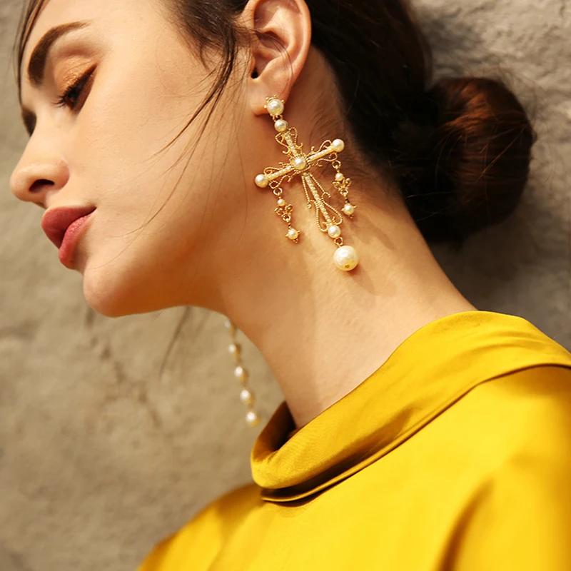 

Asymmetric Long Cross Earrings Imitation Pearls Dangle Earrings Gold color Drop Earrings For Women Long Earring Jewelry