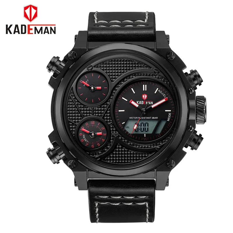 KADEMAN Мужские часы Роскошные с большим циферблатом Бизнес кварцевые кожаные цифровые военные наручные часы 3ATM Лидирующий бренд Relogio Masculino 156 - Цвет: Black-Black-Red