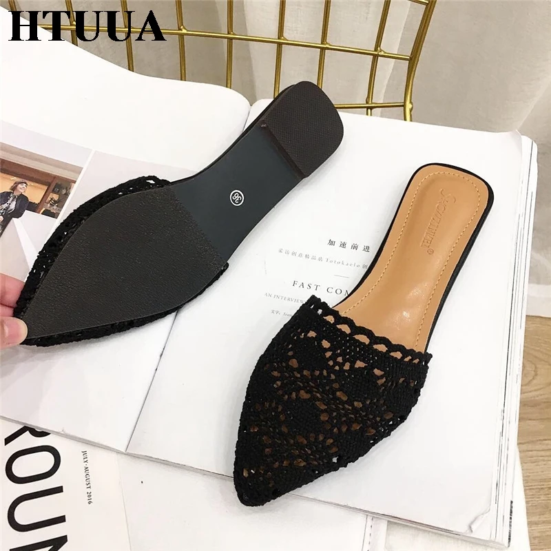 HTUUA модные из мягкой кожи с острым носом и шнуровкой на плоской подошве Шлепанцы