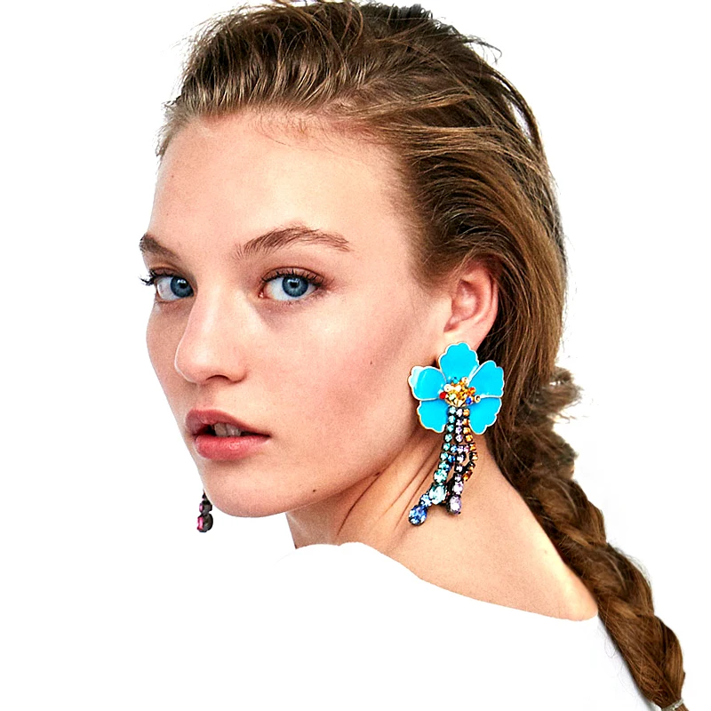 

Vodeshanliwen Fashion za Color Enamel Flower Drop Earrings For Women Gift Rhinestone Dangle Fringed Earrings Accessories