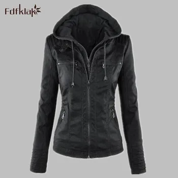 

2017 New Arrival Faux Leather Jacket Women European Fashion Hat Turn-Down Collar Long Sleeve PU Coat Female S-XXL E0590