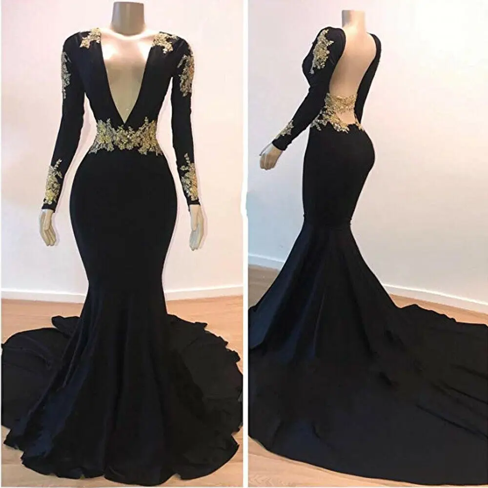 

Sexy V-Neck Backless Gold Applique Mermaid Prom Dress Party Gown Evening Pageant