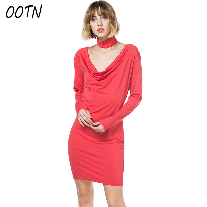 

OOTN Deep V Neck Dress Women 2018 Spring Choker Knitted Dresses Female Bodycon Sheath Casual Tunic Robe Long Sleeve