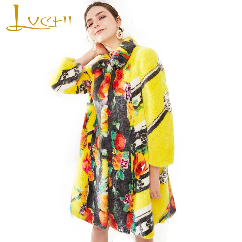 LVCHI Winter2017 импортная Корона норковая бархатная Пальто с золотым принтом и цветочным принтом женские повседневные длинные тонкие норковые пальто с длинными рукавами и принтом мандарина