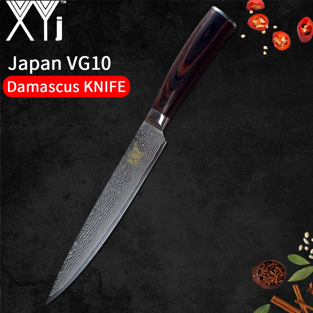 

XYj Brand Kitchen Knives 8 inch Damascus Steel Slicing Kitchen Knife Lightweight Effort Color Wood Bend Handle Kitchen Tools