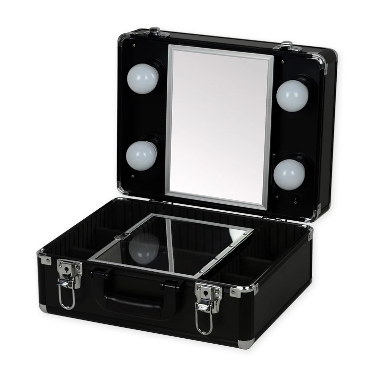 Высокое качество тип портативный чехол для косметики с светильник s светильник вес макияж коробка с зеркалом черный - Цвет: Черный