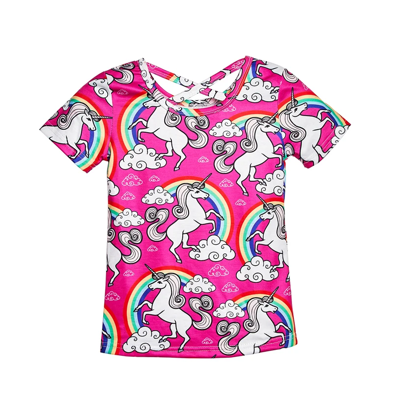 

2018 Hot Unicorn Rainbow Printed Girls Summer Tops Children Cross Back Tees Kids Casual T-shirt Short Sleeve T Shirts