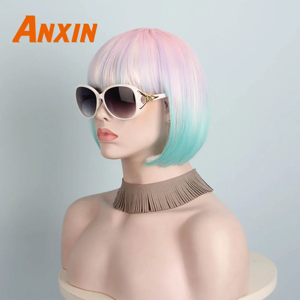 Sintética para Meninas Resistente ao Calor Anxin Doce Ombre Curto Rosa Bob Peruca Cor Festa Anime Cosplay 8 Apliques e perucas