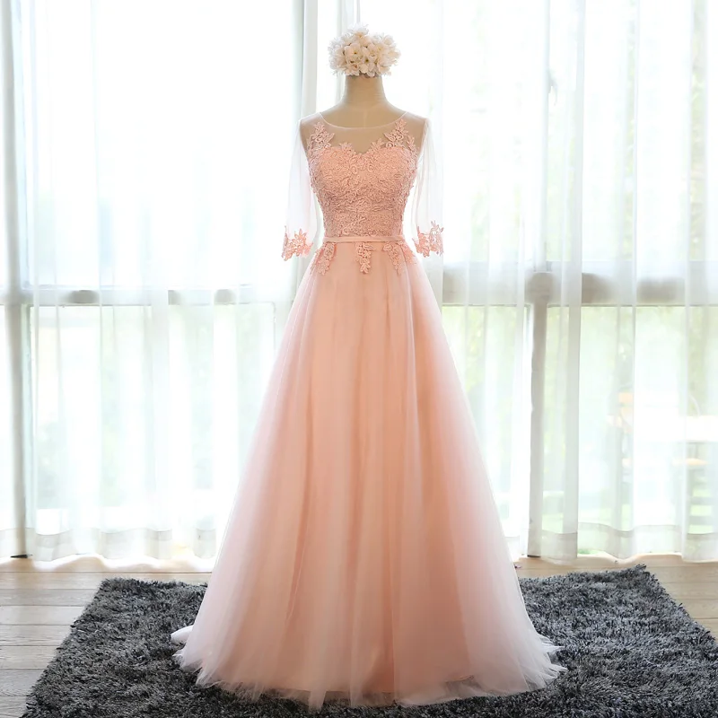 US $32.98 Robe De Soiree 2020 Scoop Neck Half Sleeve Transparent Lace Embroidery ALine Long Evening Dress Vestido De Festa Prom Dresses