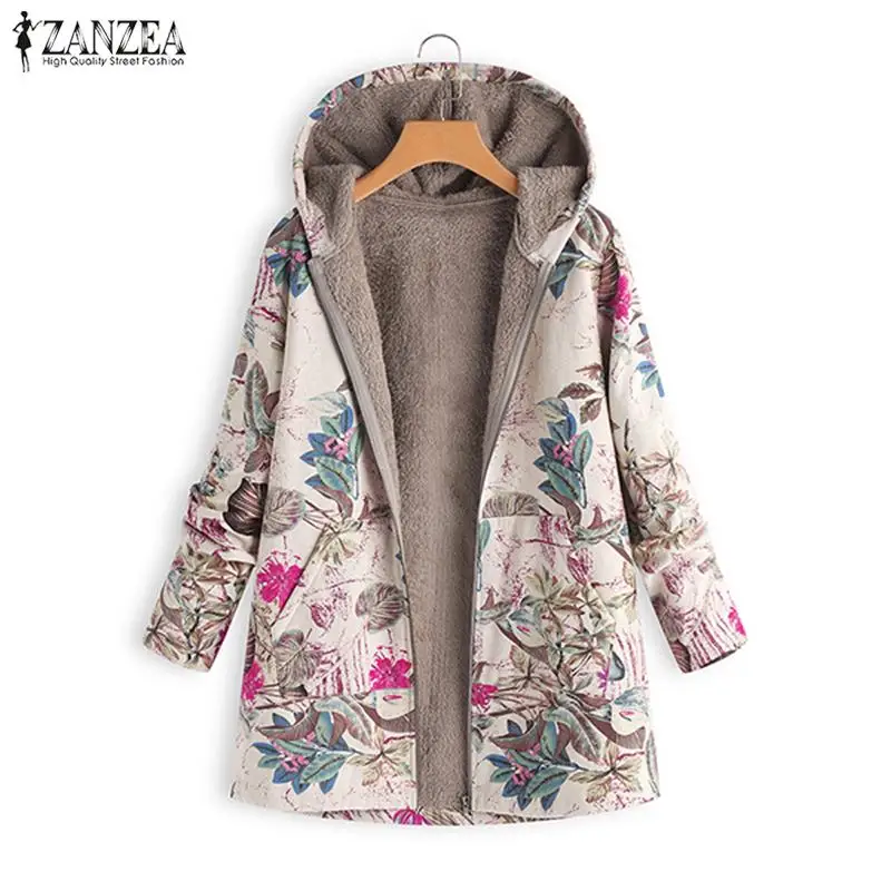ZANZEA женские куртки с меховой подкладкой, осенне-зимнее теплое пальто с принтом, женская верхняя одежда с капюшоном и длинным рукавом на молнии, топы размера плюс