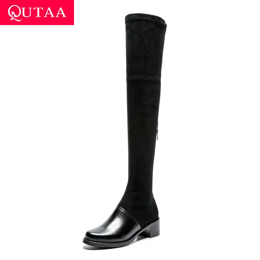

QUTAA 2020 Cow Leather Flock Casual Women Shoes Thick Heel Over The Knee Boots Zipper Fashion Slim Elastic Long Boots Size 34-39