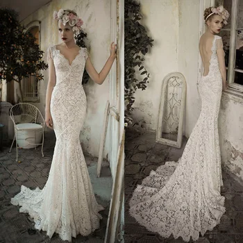 

Lace Mermaid Wedding Dresses 2019 V-Neck Court Train Backless Bodice Tassel Vestido De Noiva Vintage Trouwjurken Bridal Dresses