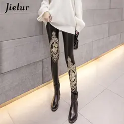 Jielur 2019 новые леггинсы из искусственной кожи женские шикарные кружевные вышитые узкие обтягивающие брюки женские тонкие/флисовые узкие