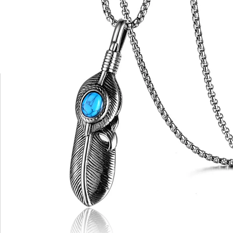

Stainless steel feather pendant Fashion new titanium steel men's feather necklace Vintage Green glass stone feather pendant