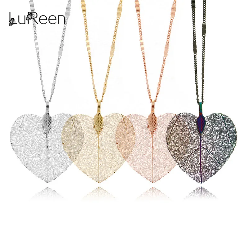 

LuReen Fashion Natural Real Leaf Pendant Necklace For Women Boho Heart Shape Leaves Long Necklaces Chain Jewelry Gift LN5012