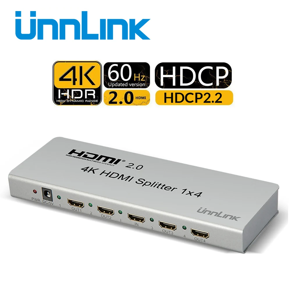 Unnlink HDMI Splitter 1X4 1X8 HDMI 2.0 UHD4K@60Hz HDR HDCP 2.2 EDID Auto Scaling for mi tv box ps4pro xbox one x/s projector
