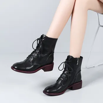 

MLJUESE 2020 women ankle boots soft cow leather autumn spring lace up round toe high heels women riding boots party dress