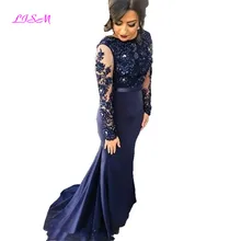 Navy Blue Mermaid Bridesmaid Dresses for Women O-Neck Long Sleeves Sweep Train Formal Gowns Beaded Applique Long Prom Dress 2019 trendy long sleeves voile splice mermaid dress for women