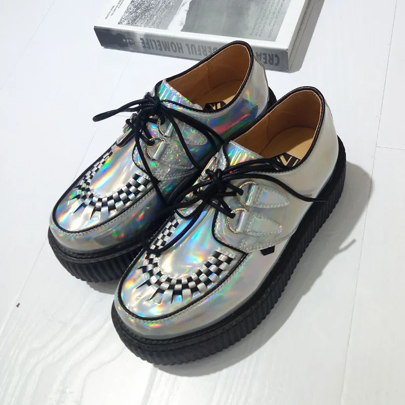 Spring Autumn 2018 Fashion Silver Laser Hologram Women Goth Punk High Platform Flat Creepers Shoes HARAJUKU Creeper Woman Girls  (3)