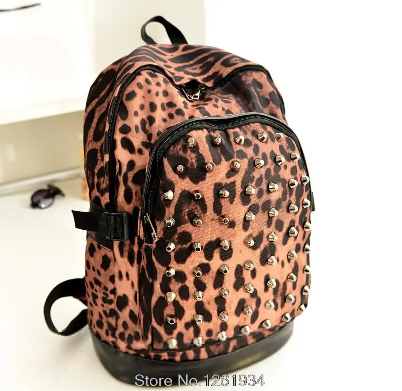 2015 hot canvas women backpack leopard print school bag rivet shoulder female travel bookbag for teenagers | Багаж и сумки