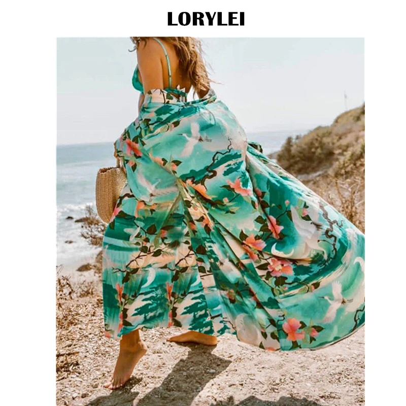 

2019 Green Bohemian Printed Self Belted Front Open Summer Beach Wear Bikini Wrap Dress Plus Size Women Beachwear Sarongs Q734