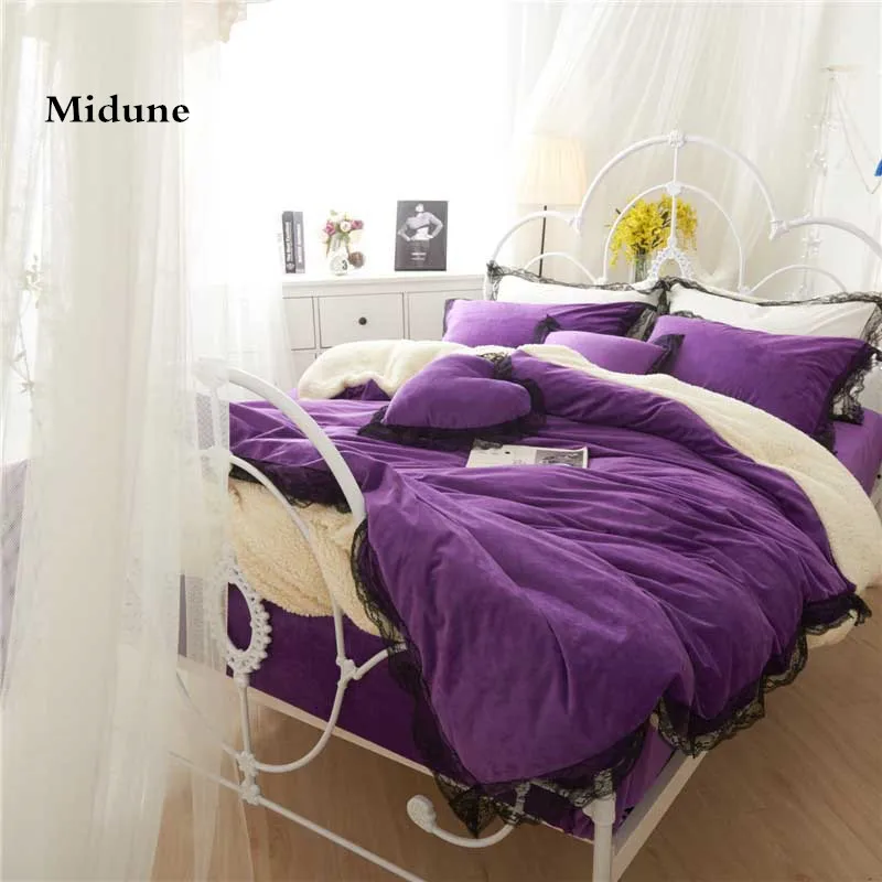 Crystal velvet Sexy Lace bedding set comfortable soft duvet cover flat