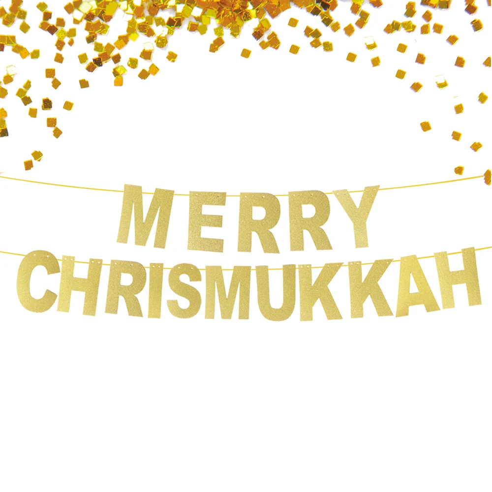 Merry chrismukkah баннер, надпись Ханука гирлянда, chrismukkah декор, Happy hanukkah украшения, сияющие золотые баннер