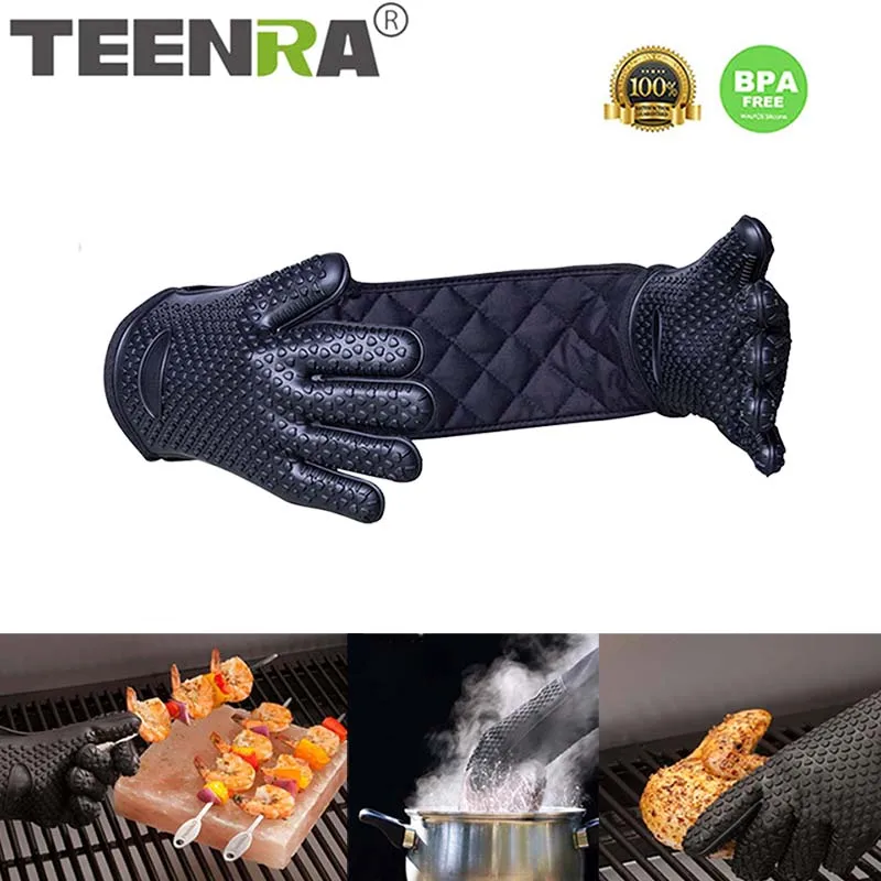 Günstig TEENRA einteiliges BBQ Handschuhe Hitze Beständig Ofen Mitt Silikon BBQ Handschuhe Fünf Finger Ofen Kochen Handschuhe Topf Halter küche