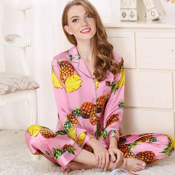 

CEARPION Pink Printed Pajamas Set Casual Daily Silk 2pcs Shirt+pant Sleepwear Royal Female Spring Autumn Night Wear Size M L XL