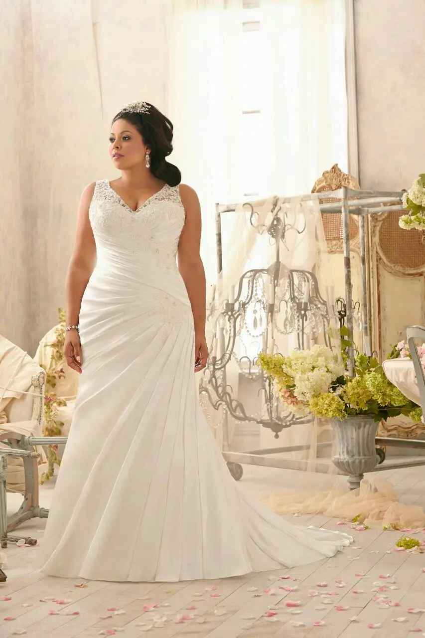 

Custom made V-neck ruched satin wedding dresss
