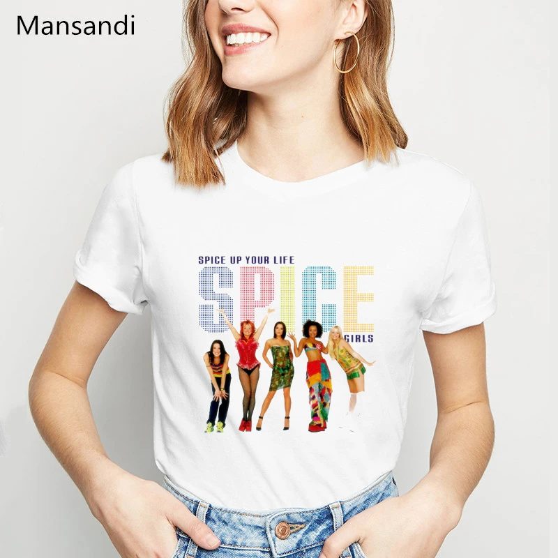 Женские футболки Spice для девушек Лето vogue белая футболка femme harajuku рубашка camisetas mujer Женская футболка размера плюс Топы