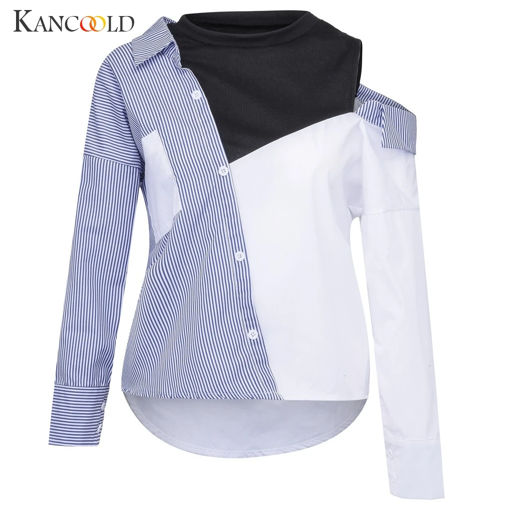 

KANCOOLD top Shirt Women's Patchwork Ladies Sexy Top Lace Casual Shirt Hem fashion O-Neck Striped new top femme 2018dec21