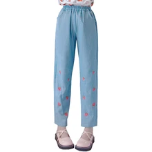 Женские джинсы с вышивкой клубники Harajuku милые Хлопковые женские джинсы с высокой эластичной талией# T023