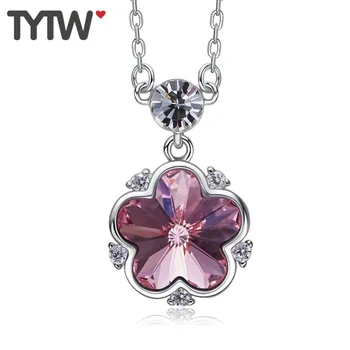 

TYTW 925 Sterling Silver women Necklace Elegant Flower pendant white Crystal Chic necklaces for Girls Gift Drop Shipping