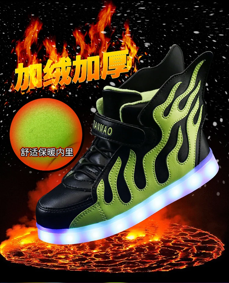 STRONGSHEN Green Kids Shoes with LED Lights Children Kids Sneakers with Wing Boys Girls Led Light Up Shoes USB Charging Warm extra wide children's shoes