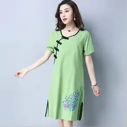 Китайский народном стиле Cheongsam хлопок с коротким рукавом длинное платье Женский Китай Hanfu Kongfu taiqi модная одежда конопли платье