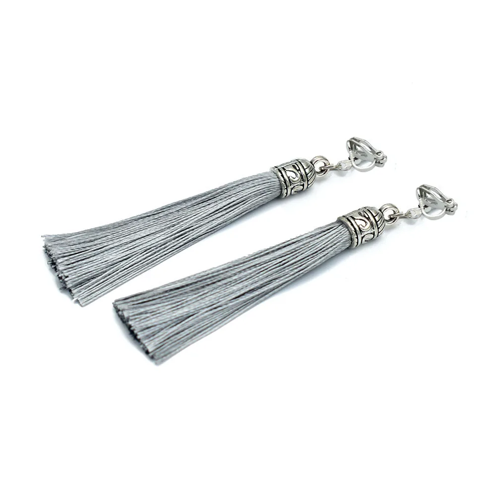 Vintage Tassel Earrings For Women Tassel Jewelry Antique Long Ear Clip Black White Silk Fabric Cuff Earings ear clip earrings,clip earrings,ear clip