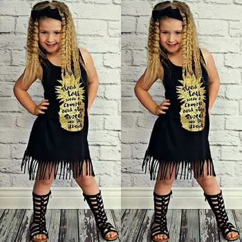 

New 2020 Summer Toddler Kid Baby Girls Gold Letter Black Casual Tassel Sleeveless Dress Princess Party Pageant Holiday Dresses