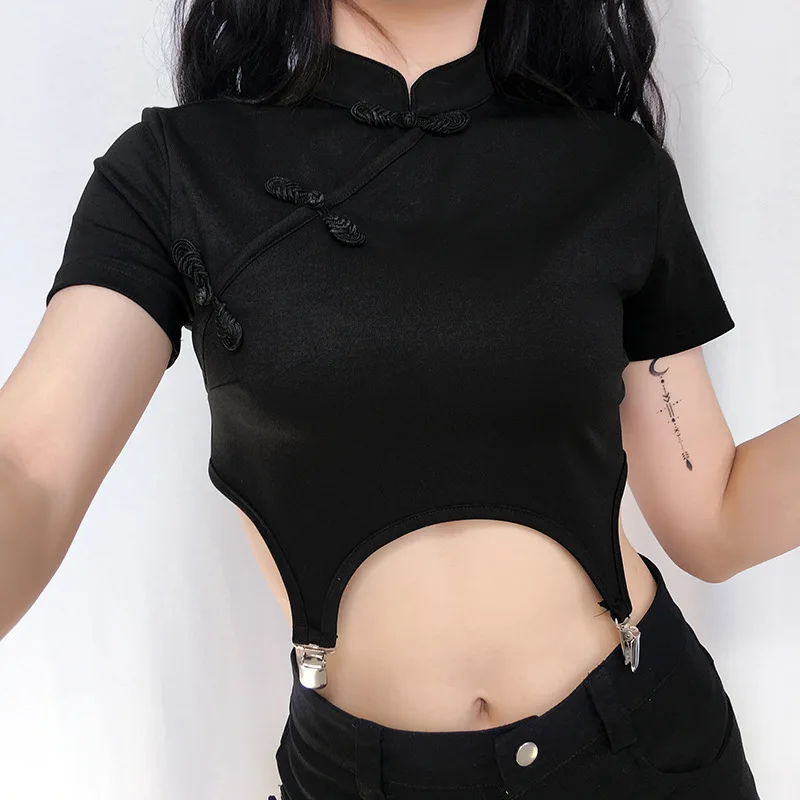 

Women Gothic Punk Rock Black Crop Tops T-shirt Summer Sexy Chinese Cheongsam Harajuku Sexy Top Short Sleeve Buckle Fashion Tops