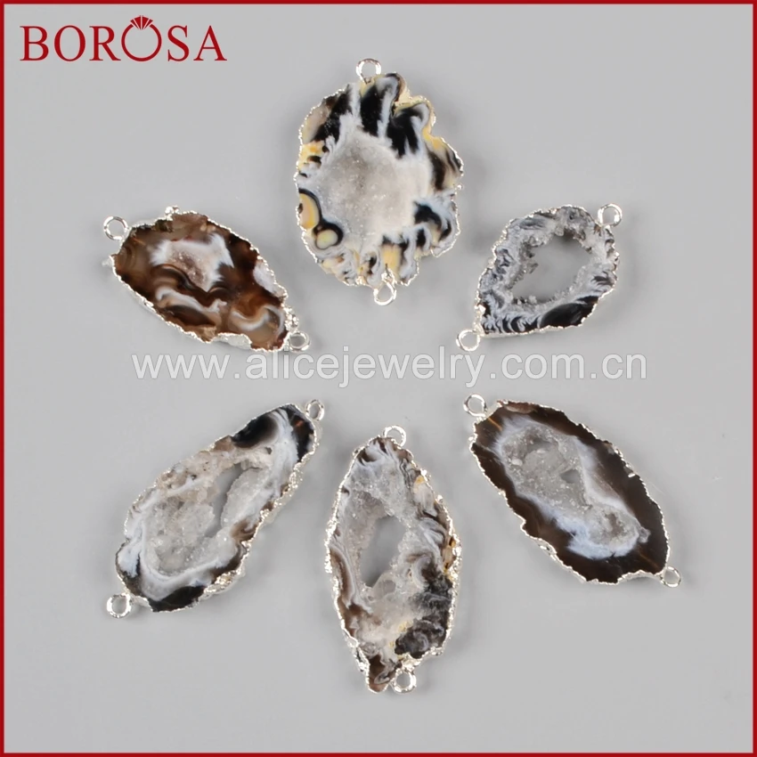 

BOROSA Natural Brazilian Agates Onyx Stone Slice Silver Color Connector Druzy Slice Connector Jewelry with Double Bails S0952