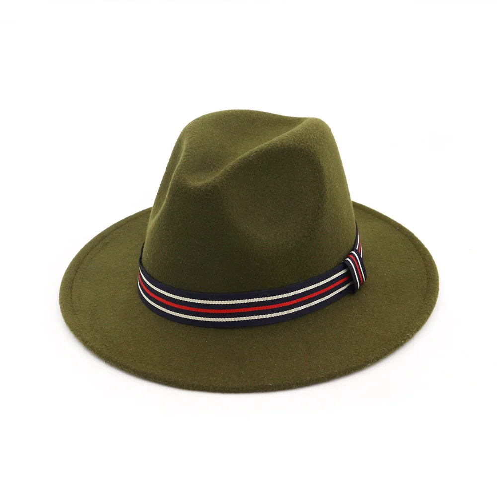 Шерстяная фетровая шляпа Панама Trilby Jazz Fedoras Шляпы с цветным поясом с плоскими полями для торжественных вечеринок топ шляпа для женщин мужчин унисекс - Цвет: Green