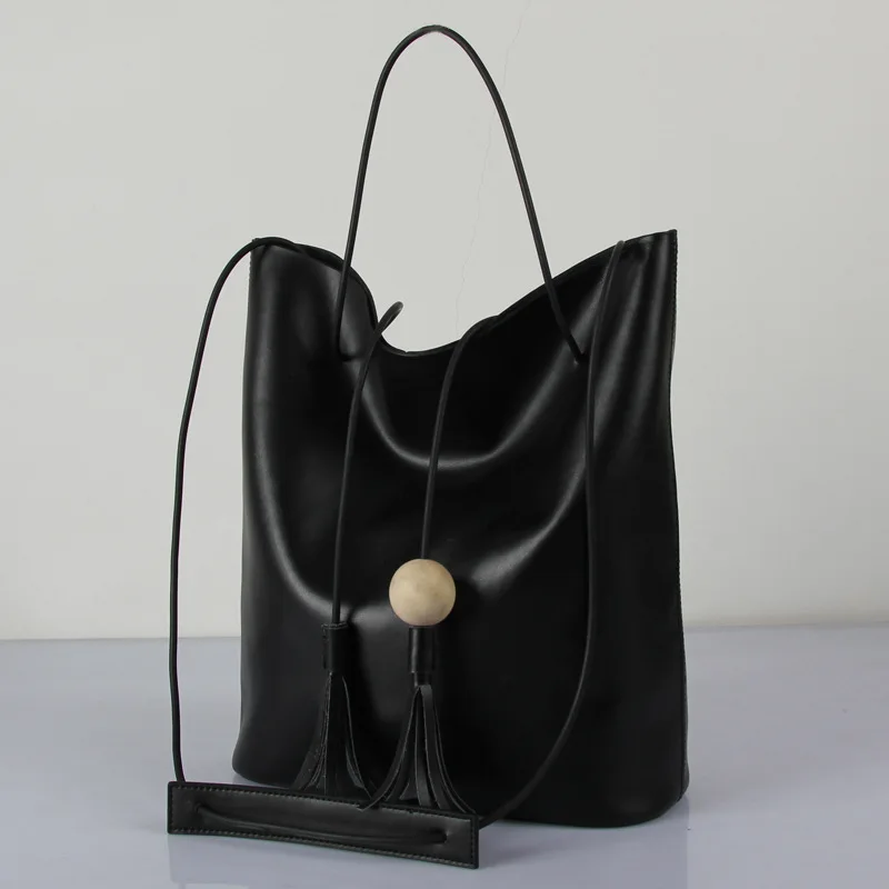 Женская сумка-ведро из натуральной кожи с кисточками черная винтажная воловья короткая сумка через плечо сумка-мессенджер